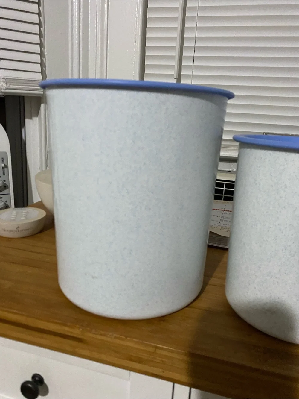 Vintage Nesting Tupperware Blue-Rim White Ceramic Canisters